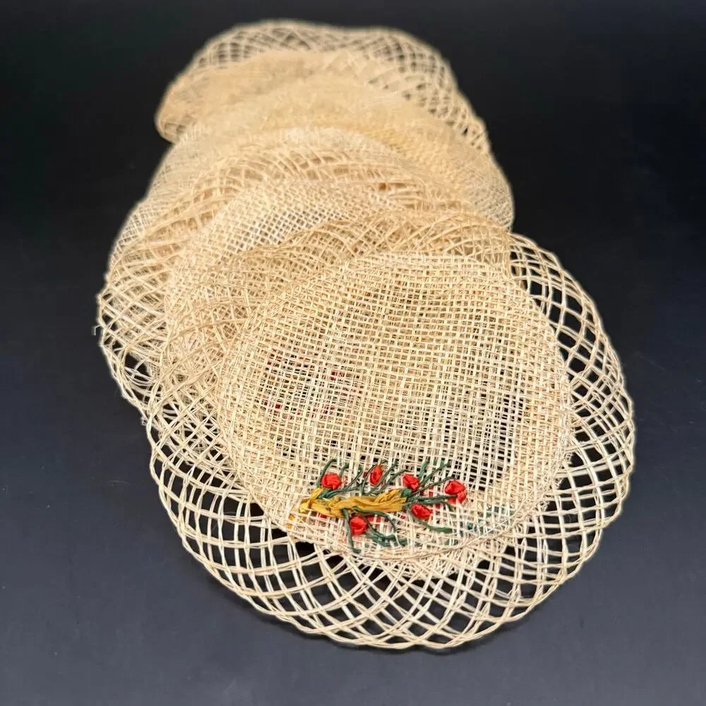 Vintage 6 Rattan Straw Lace Coasters Woven Flowers Floral